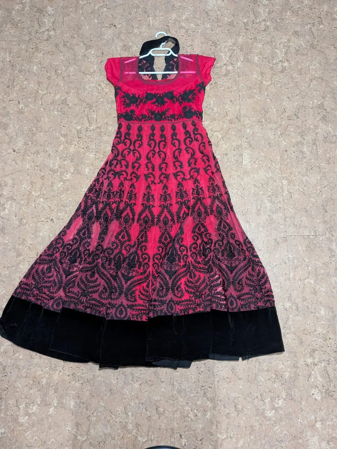 Women's Red and Black Embroidered velvet Anarkali Dress - photo 2
