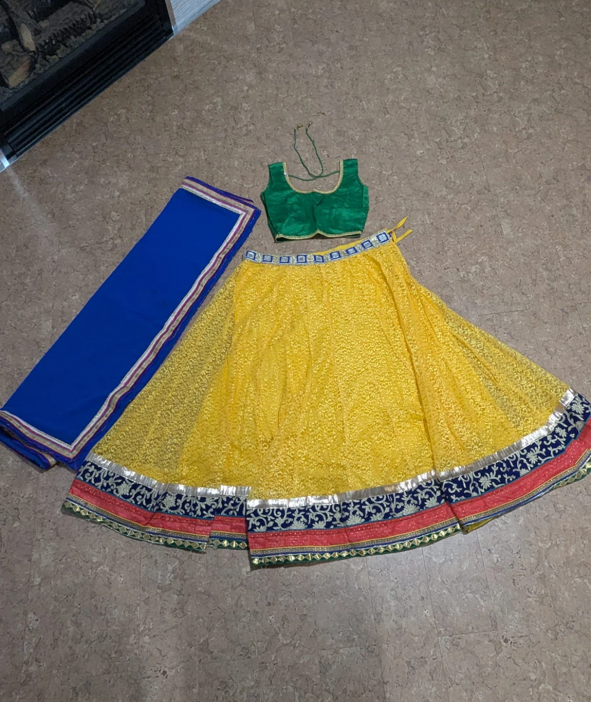 Yellow Embroidered Lehenga Choli with Blue Dupatta
