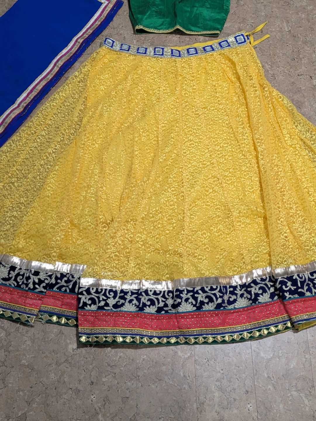 Yellow Embroidered Lehenga Choli with Blue Dupatta - photo 2