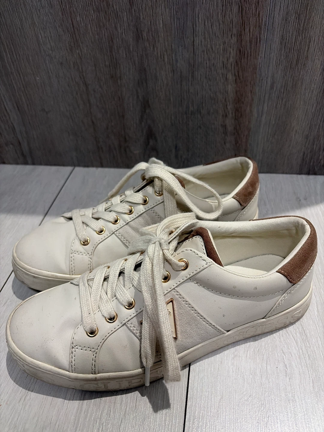 White Guess Sneakers with Brown Accents