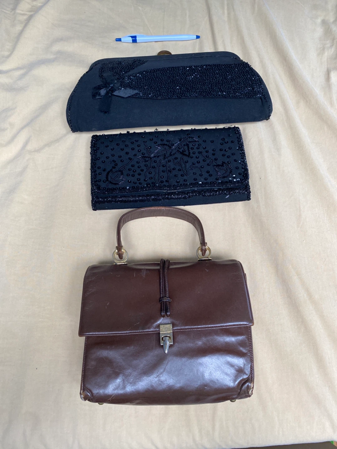 Vintage Beaded Clutches and Leather Handbag Set