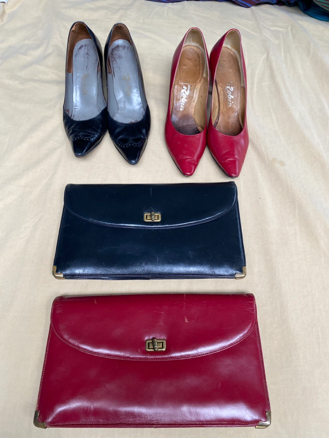 Vintage leather shoes and clutches