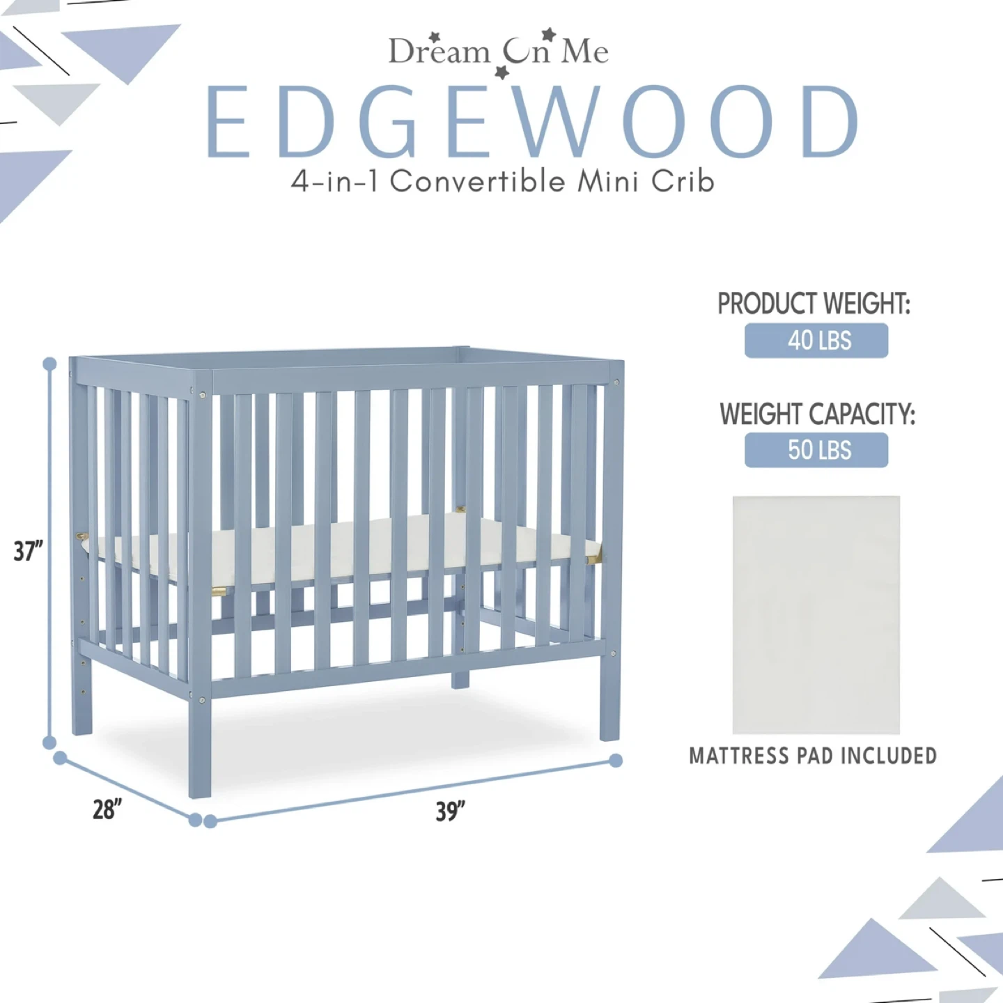 Dream On Me Edgewood 4-in-1 Convertible Mini Crib - Blue - photo 3