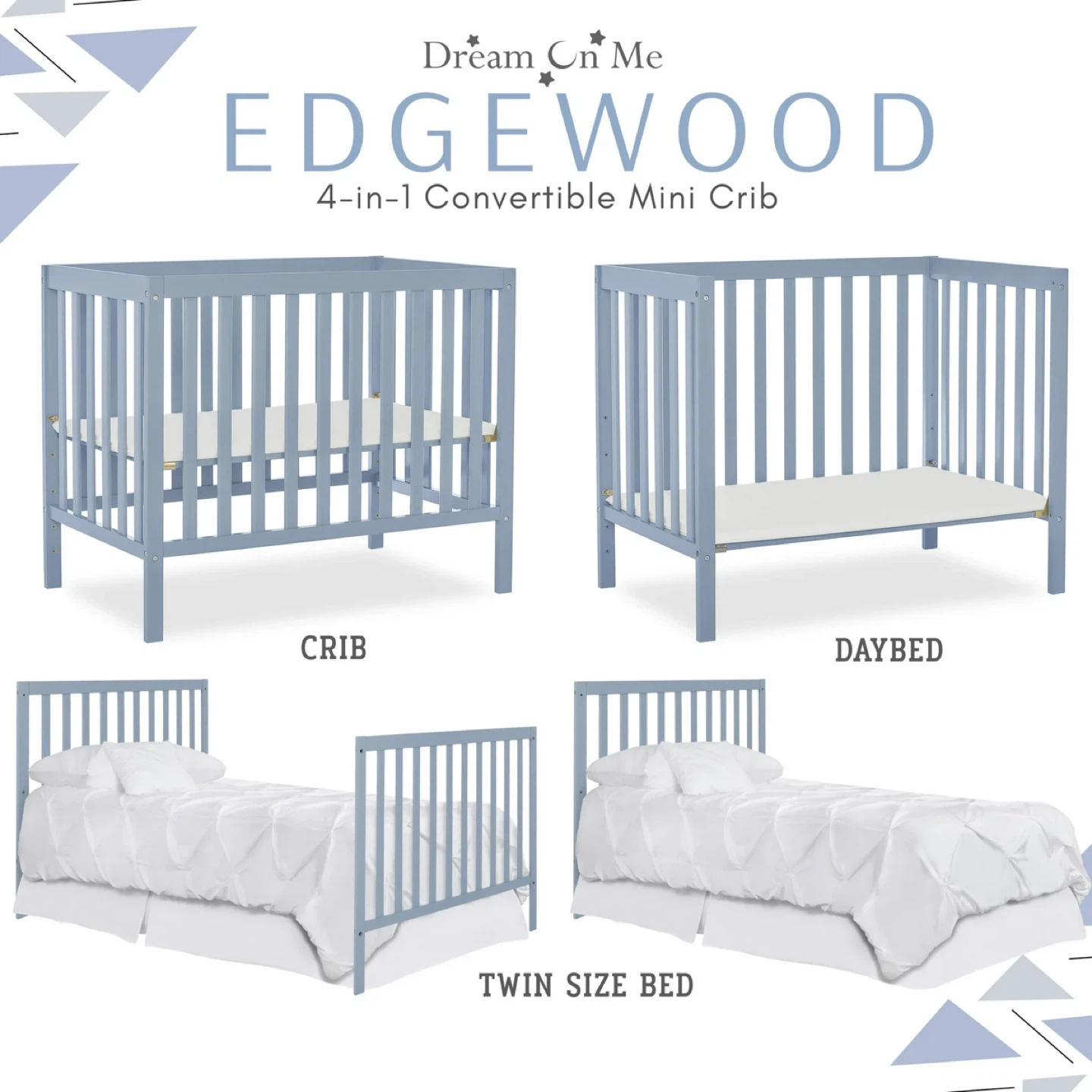 Dream On Me Edgewood 4-in-1 Convertible Mini Crib - Blue - photo 2