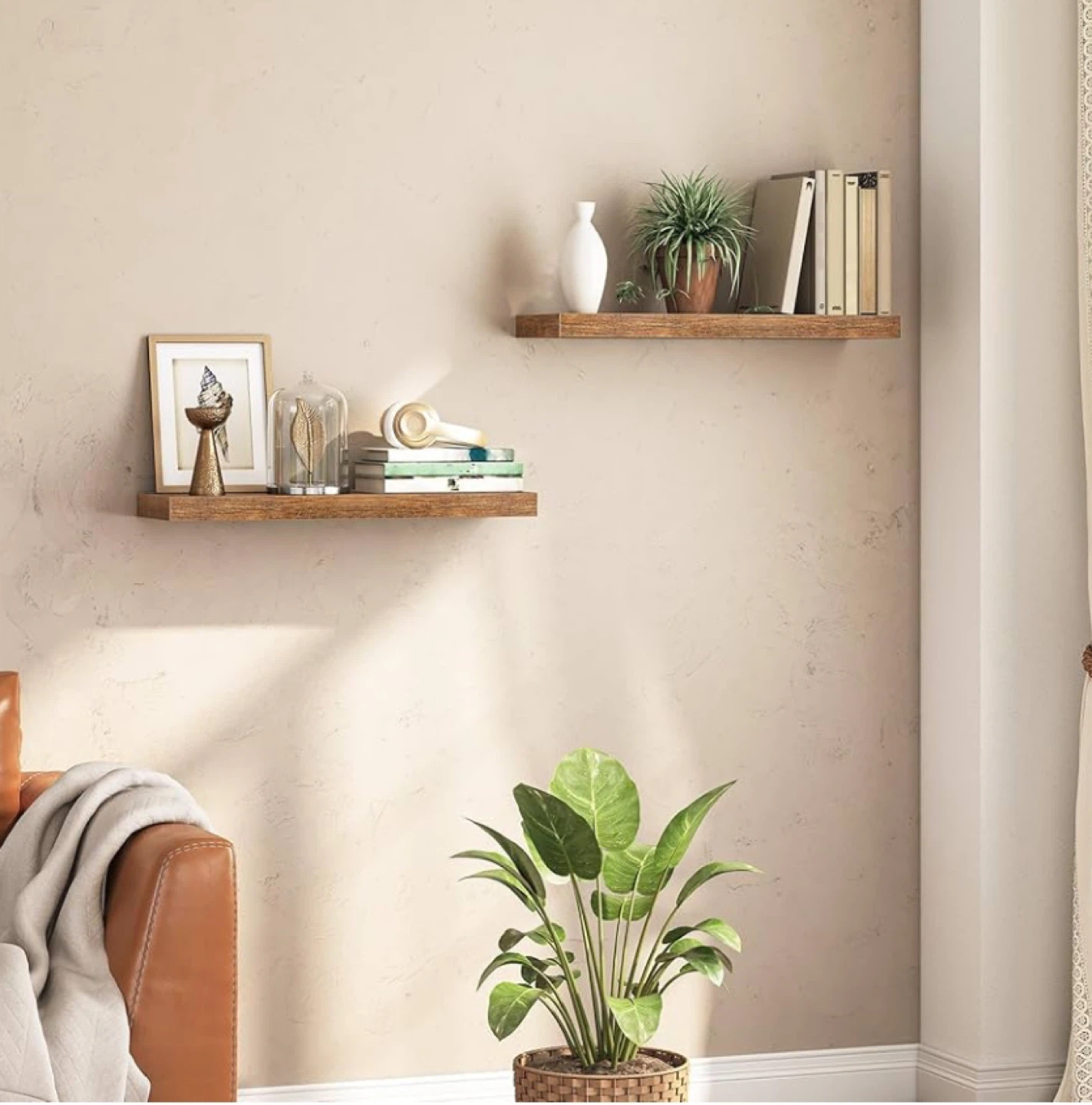 Set of 2 Floating Shelves - Rustic Brown Wood - photo 5