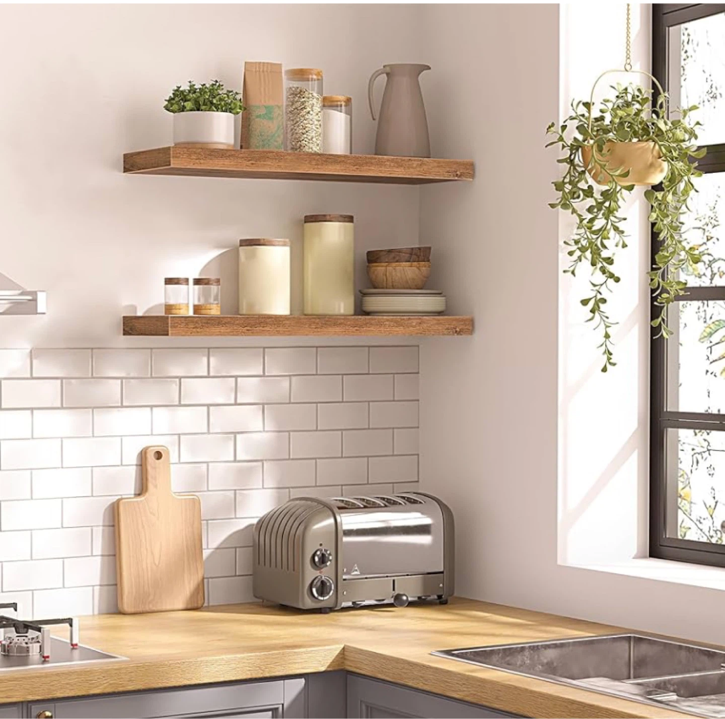 Set of 2 Floating Shelves - Rustic Brown Wood - photo 2