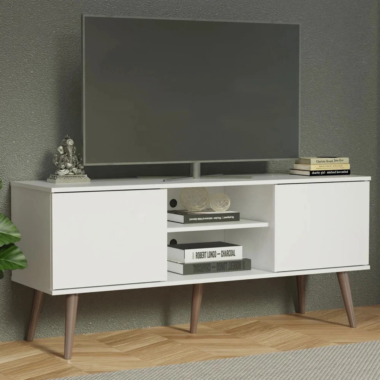 Madesa TV Stand Console with 2 Doors and 2 Shelves with Cable