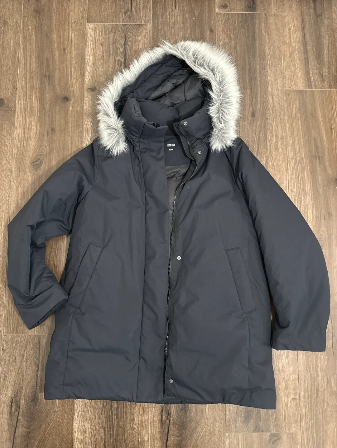 Uniqlo Black Down Coat with Faux Fur Hood Size XS
