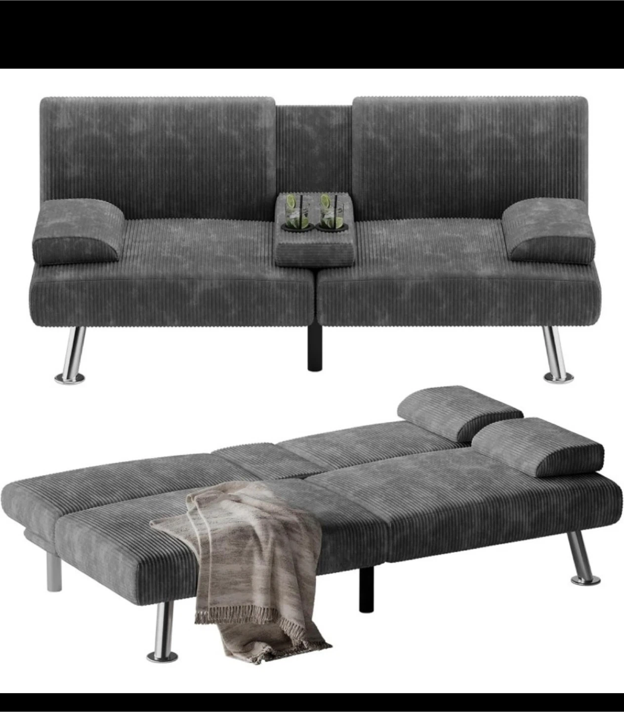 Grey Corduroy Sofa Bed with Adjustable Split-back