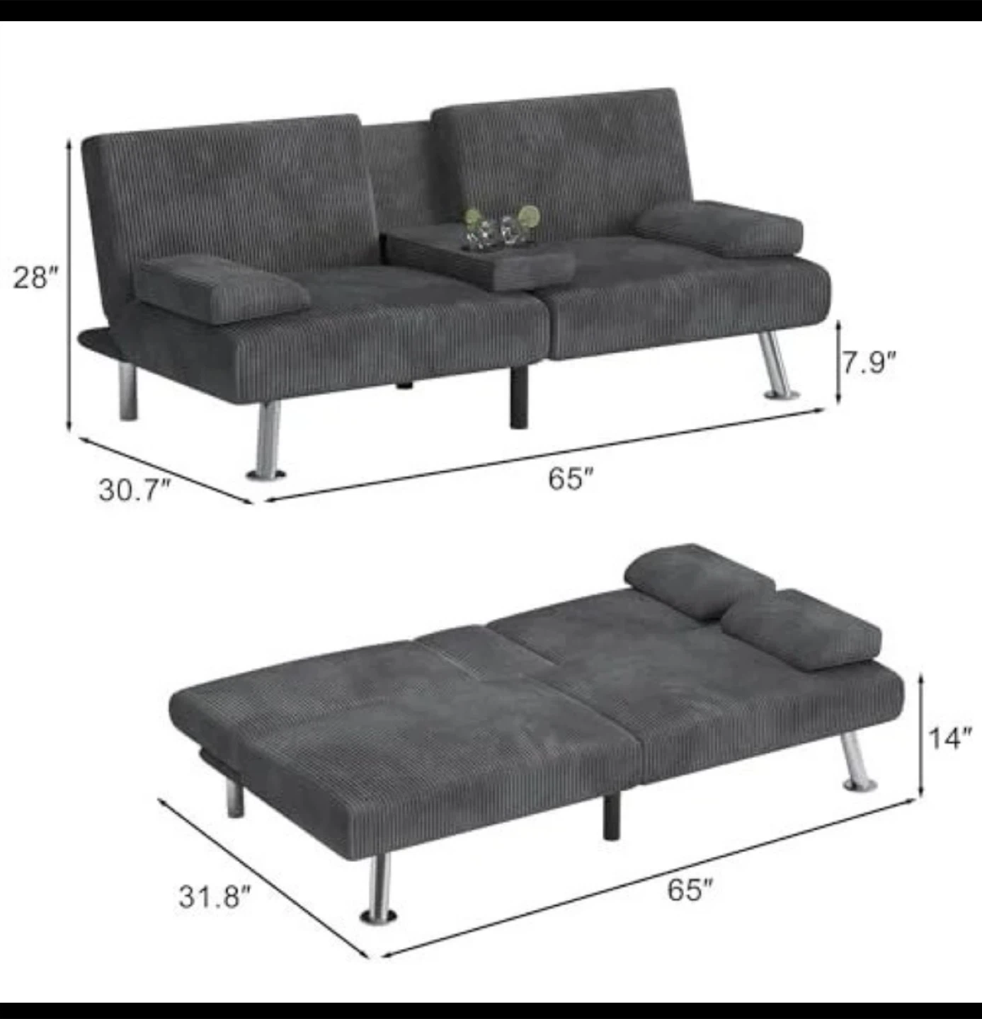 Grey Corduroy Sofa Bed with Adjustable Split-back - photo 3