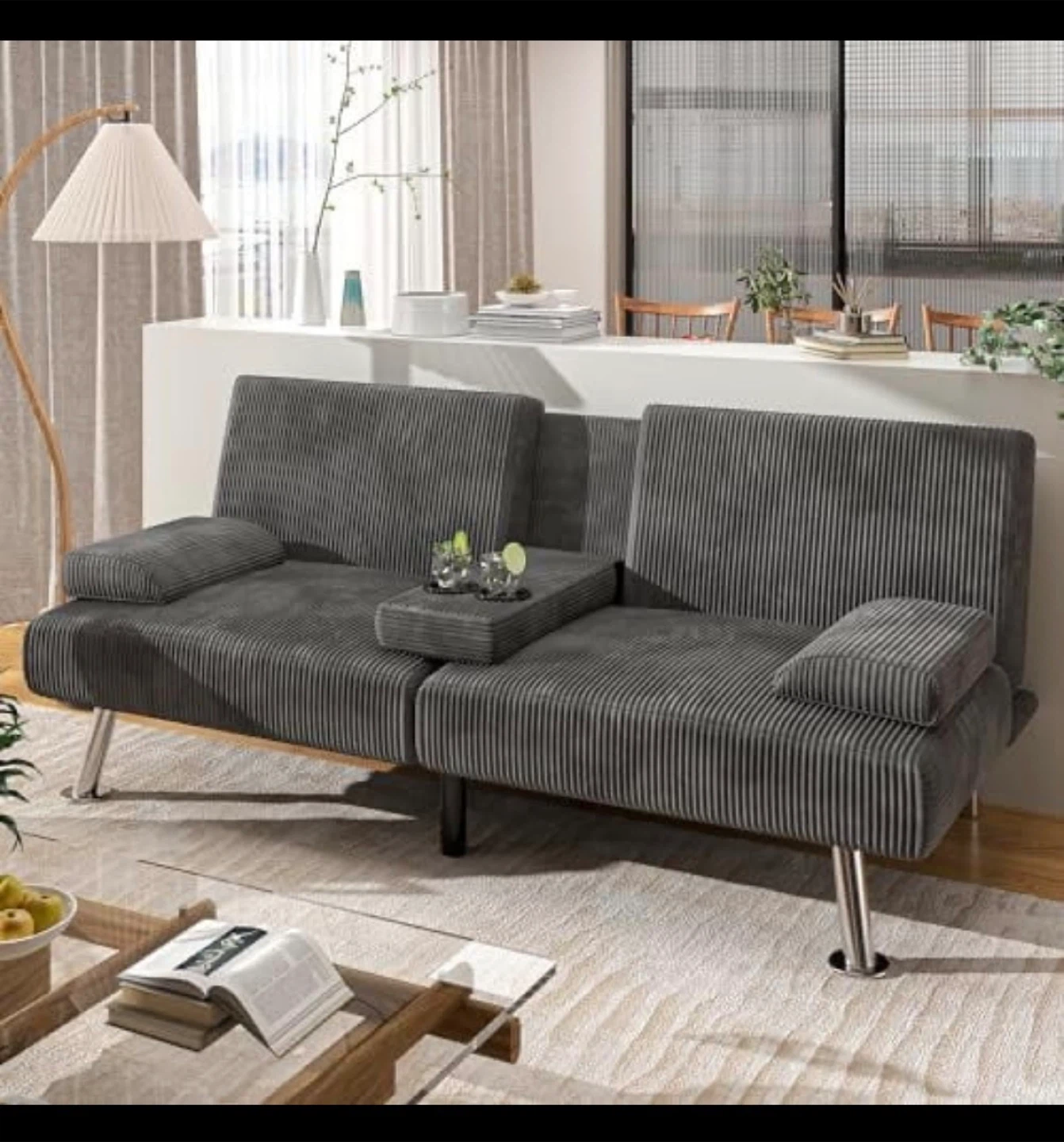 Grey Corduroy Sofa Bed with Adjustable Split-back - photo 2