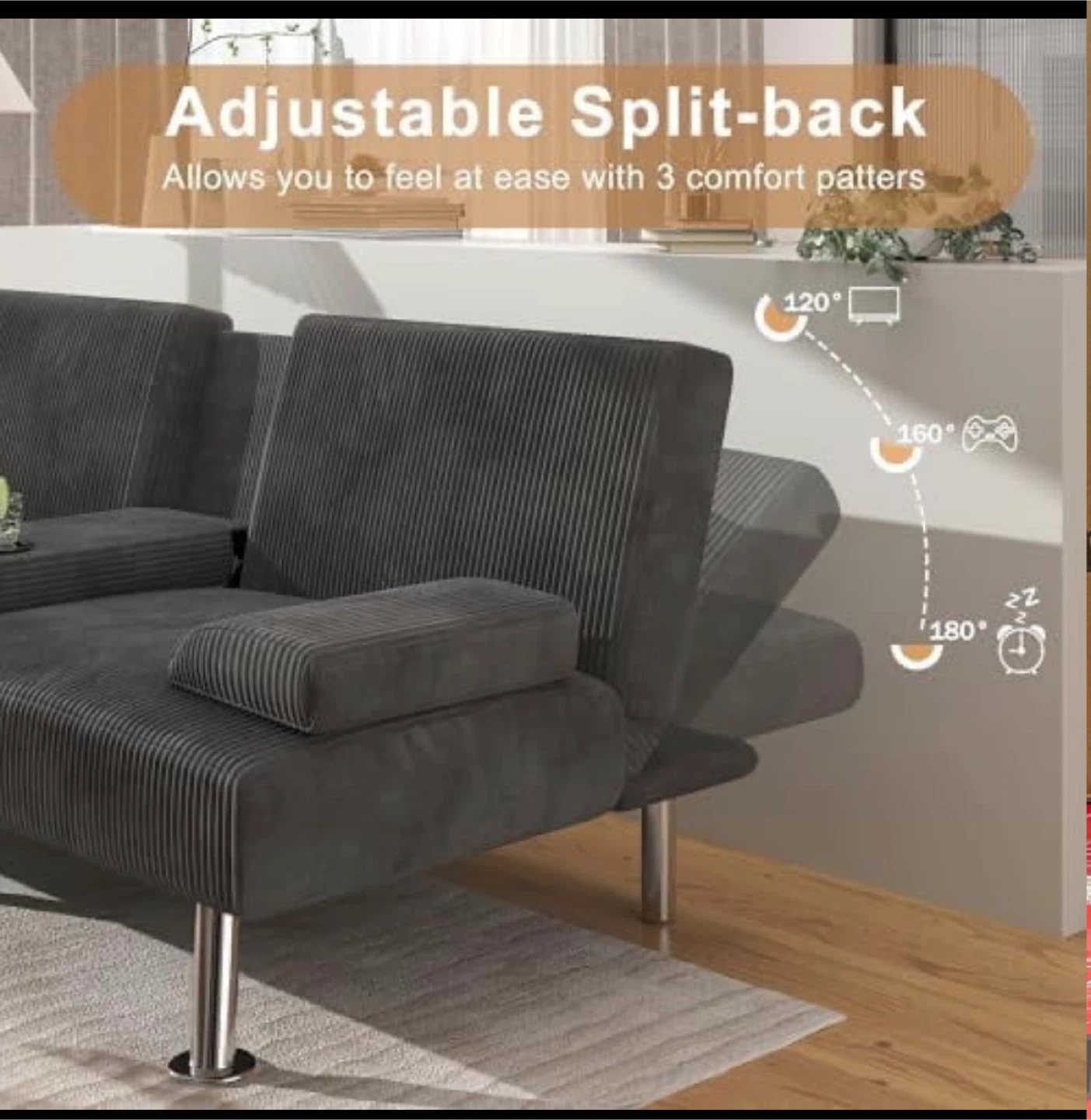 Grey Corduroy Sofa Bed with Adjustable Split-back - photo 4
