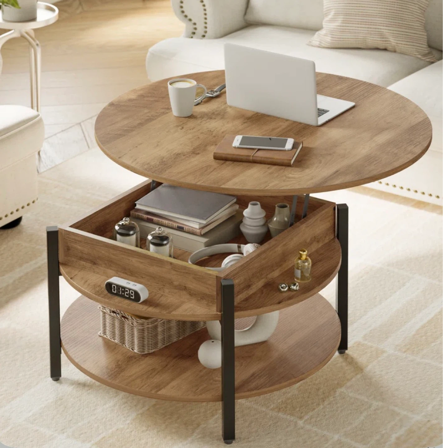Lift Top Round Coffee Table with Storage - photo 2
