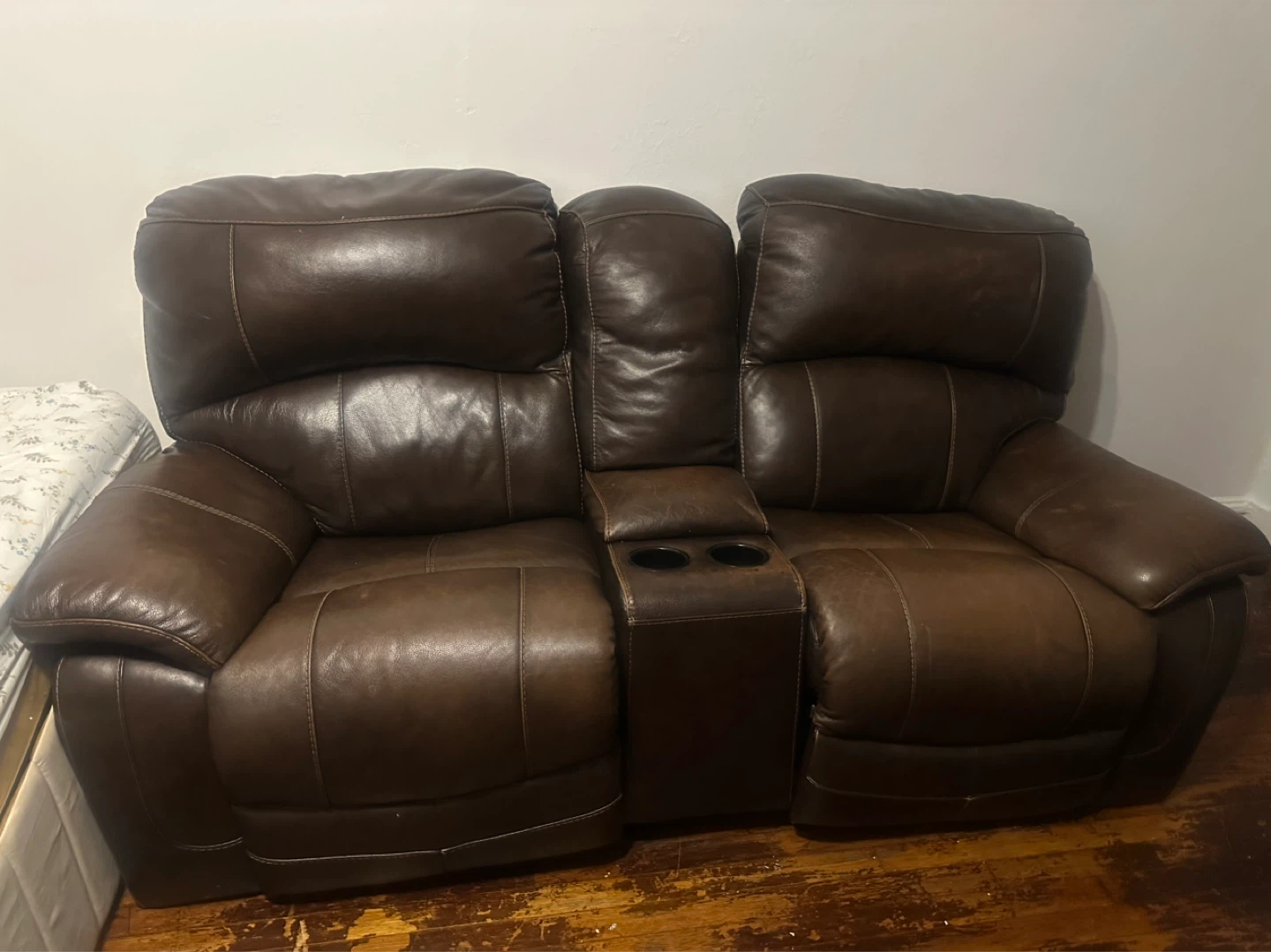 Brown Leather Double Recliner Loveseat with Cup Holders
