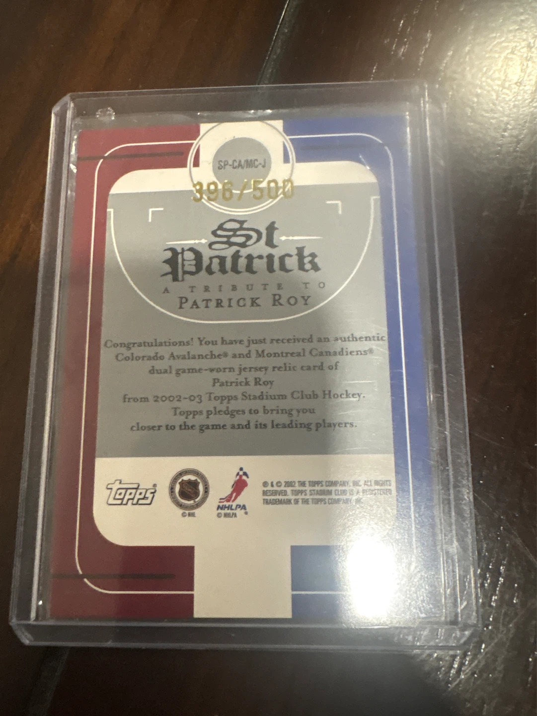 Pat Roy 2002 Stadium Club St. Patrick Relics Dual Game Used /500 - photo 2
