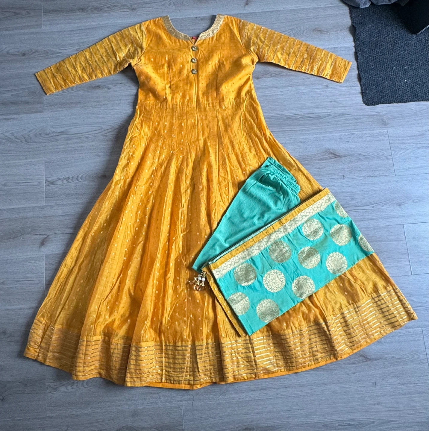 Yellow Anarkali Suit Set with Teal Pants and dupatta