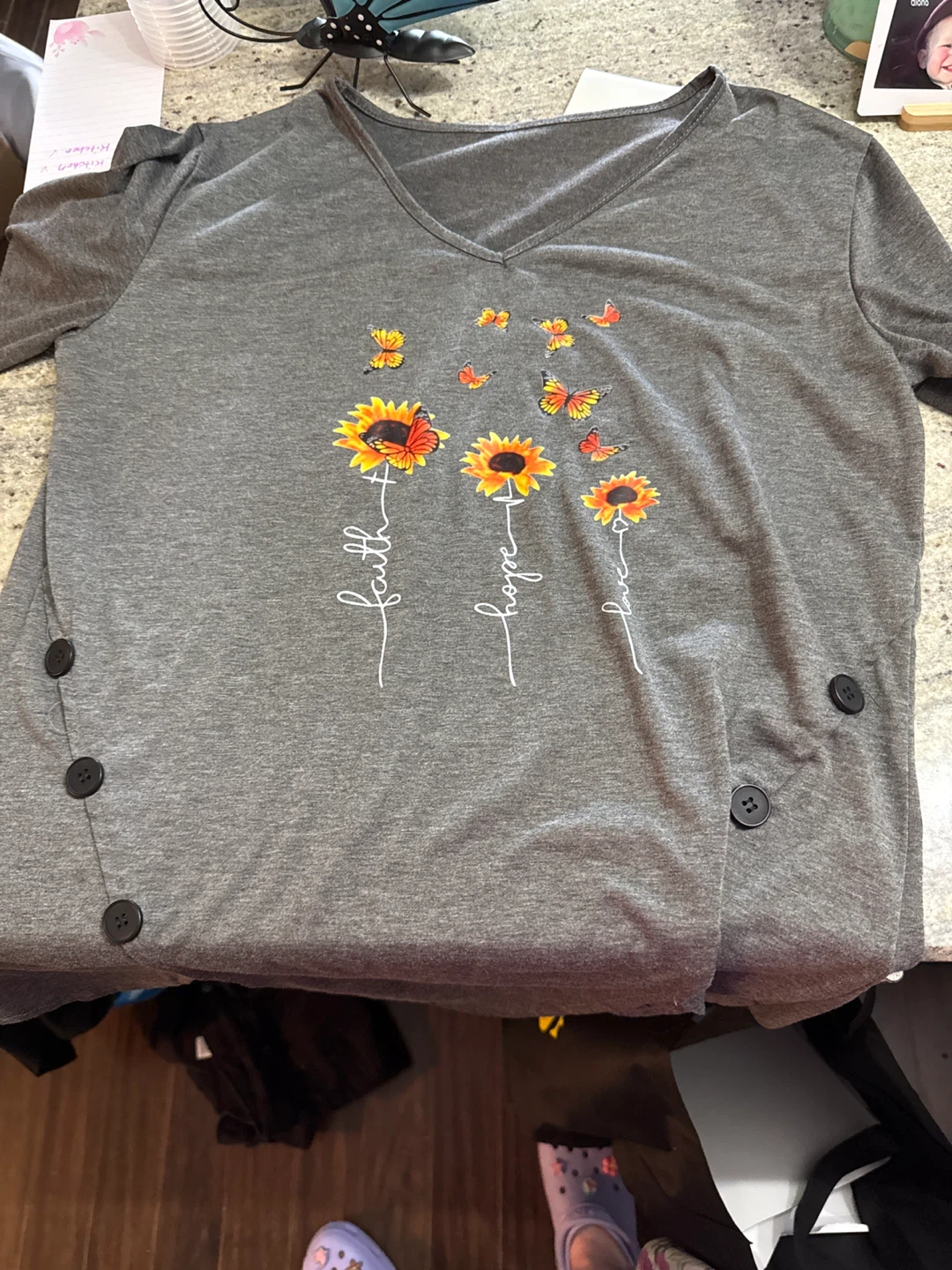 Grey V-Neck T-Shirt with Sunflower and Butterfly Print