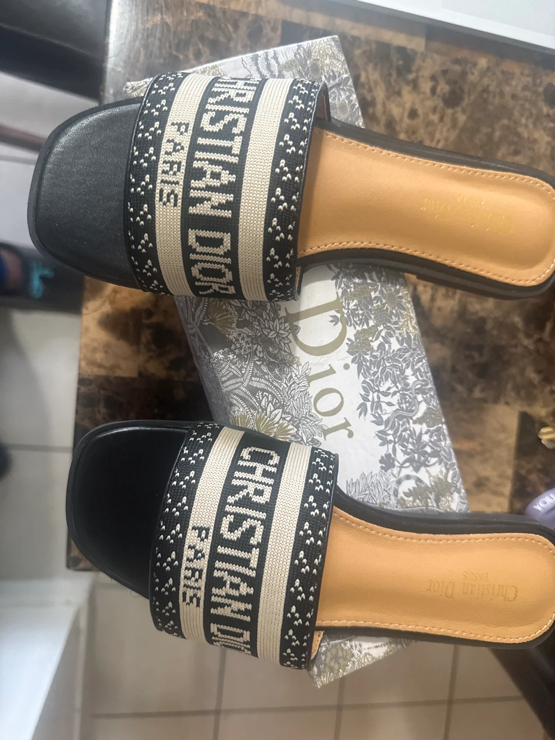 Christian Dior Paris Black & Beige Slides - Size 37