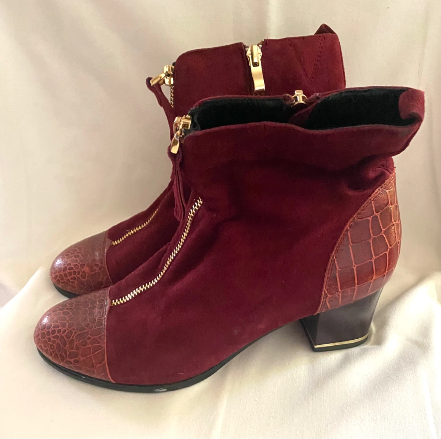Women's Burgundy Ankle Boots with Faux Crocodile Detail