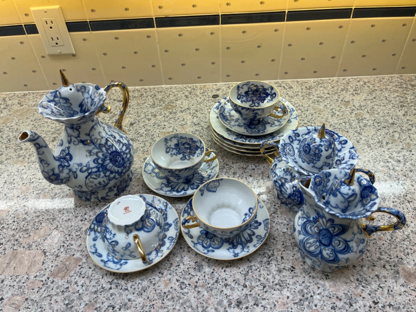 Russian Tea Set with Teapot, Cups, and Saucers