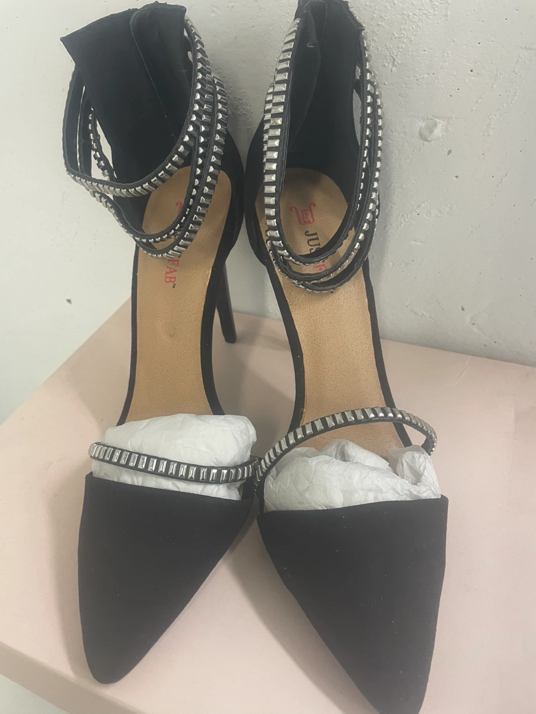 New Just Fab Black Suede Strappy Heels - size 10