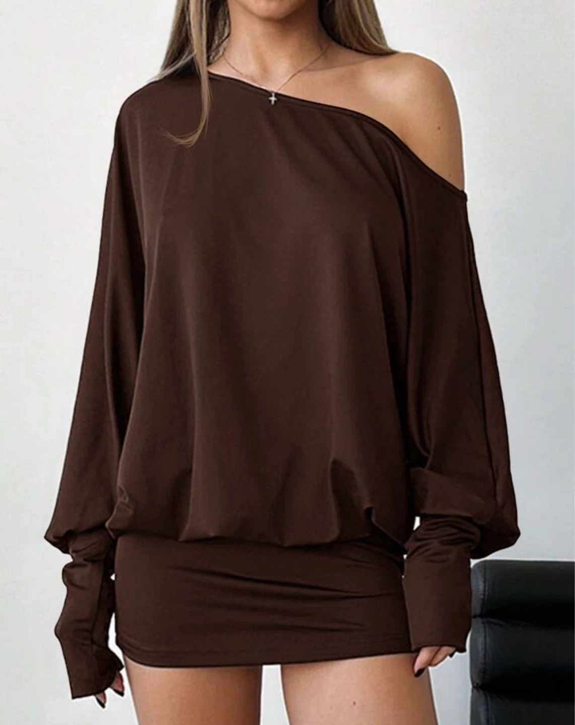 Brown Off-the-Shoulder Long Sleeve Dress - photo 2