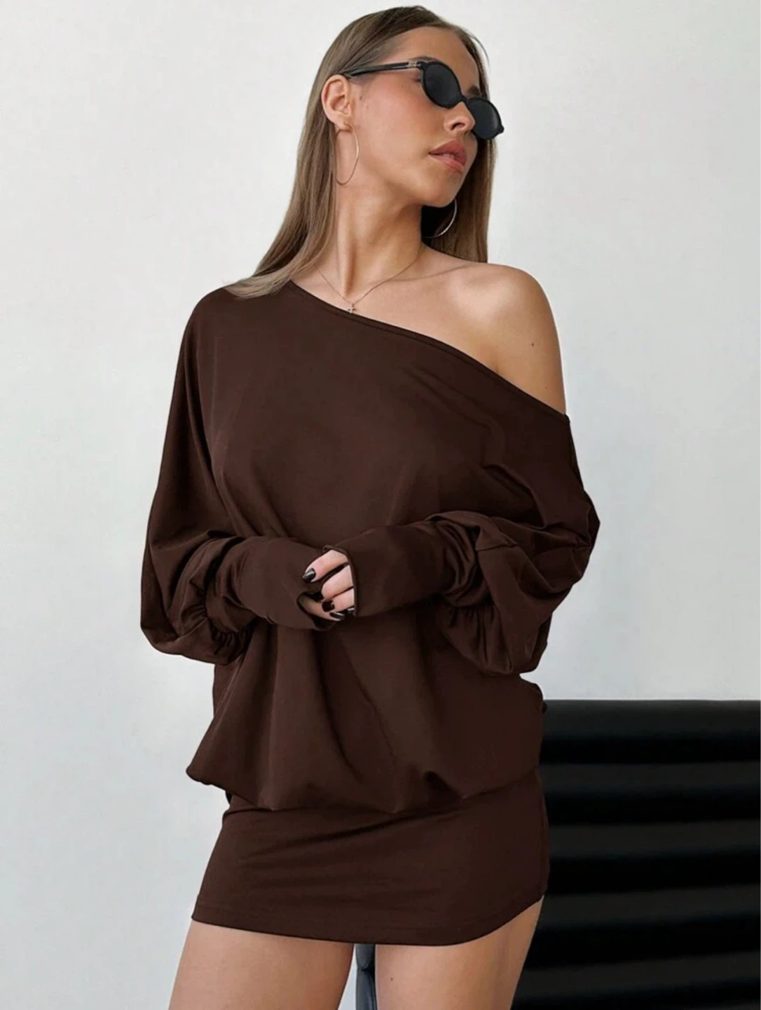 Brown Off-the-Shoulder Long Sleeve Dress - photo 3