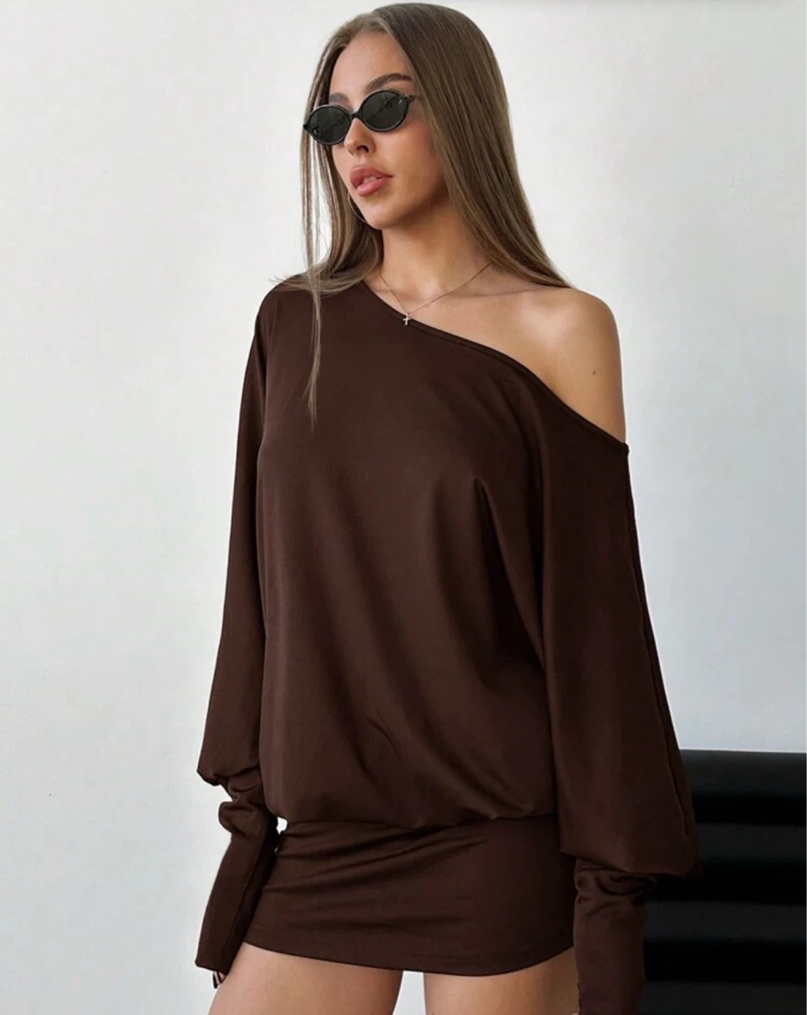 Brown Off-the-Shoulder Long Sleeve Dress