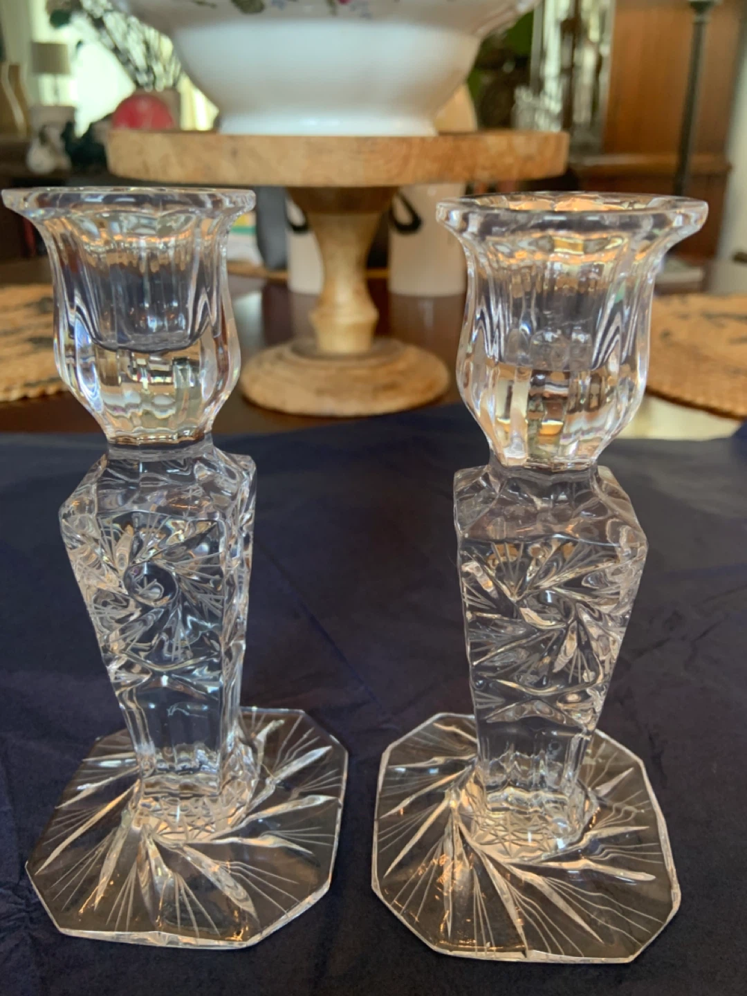 Vintage Rare Pair of Crystal Pinwheel Candlesticks