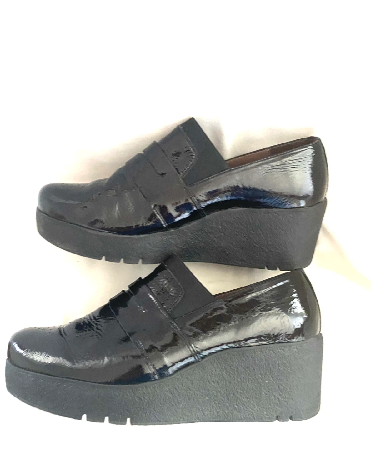 Wonders Black Patent Wedge Loafers, Size 8