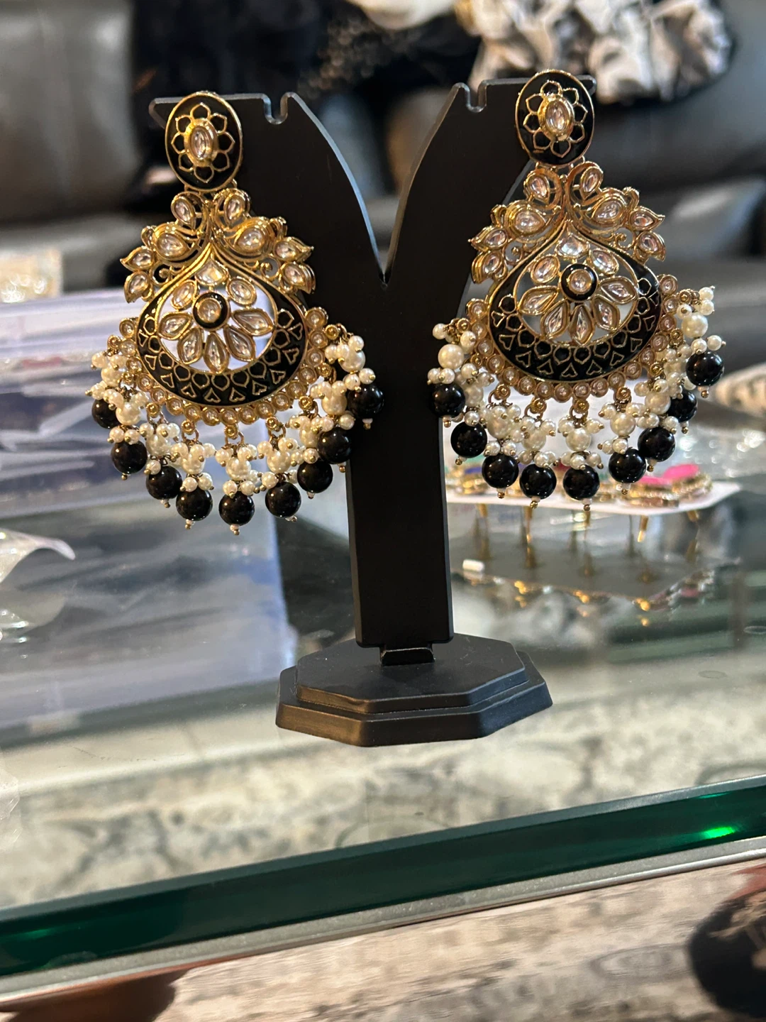 Gold Black Pearl Dangle Earrings