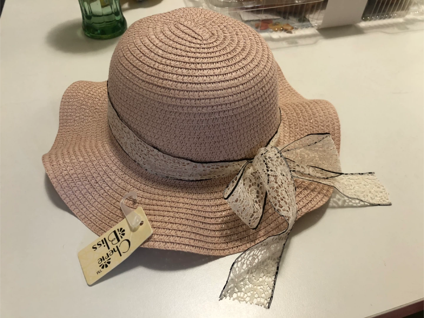 Cherie Bliss Pink Straw Sun Hat with Lace Bow