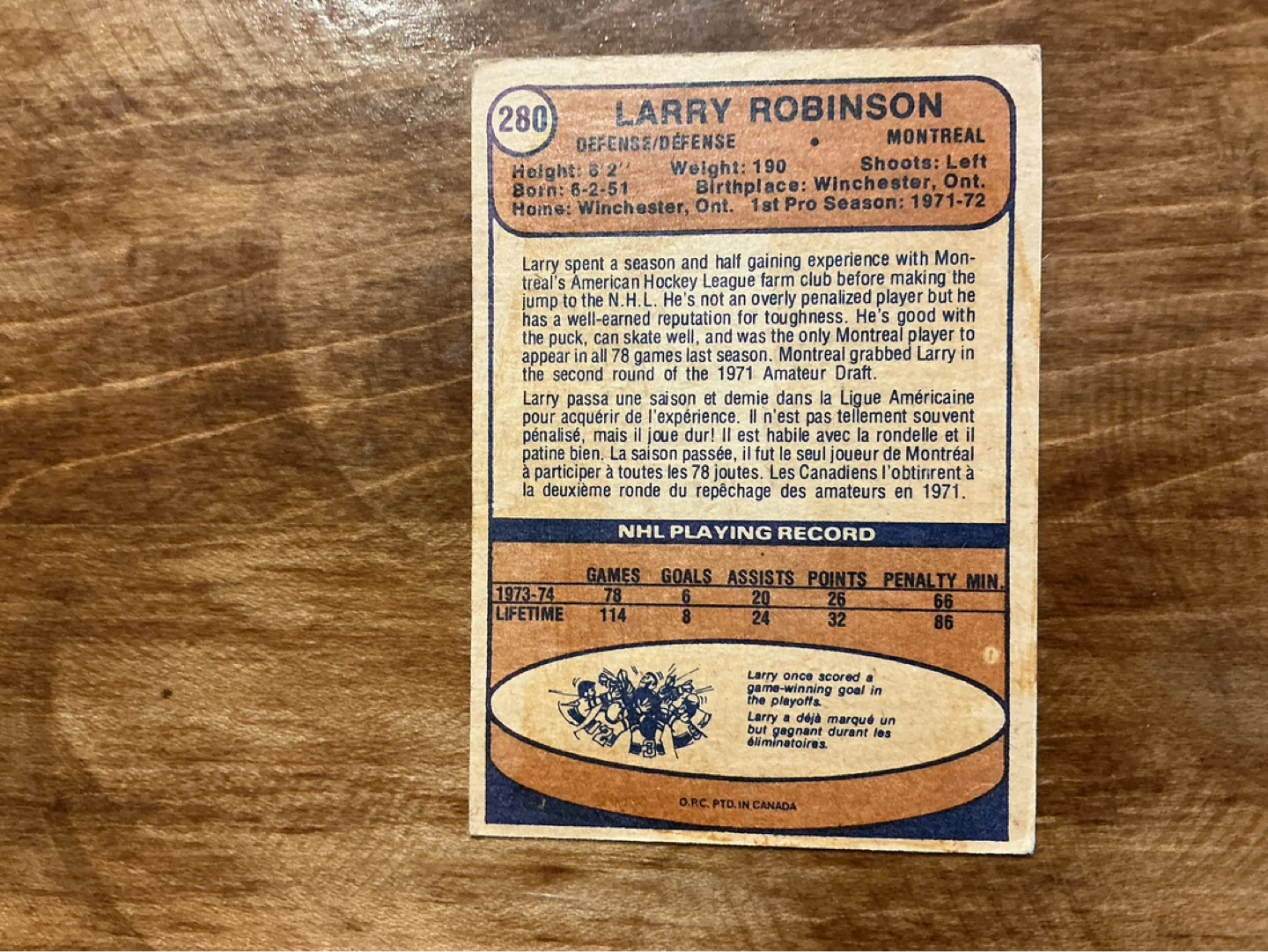 1974-75 O-PEE-CHEE LARRY ROBINSON Card # 280 ! - photo 2