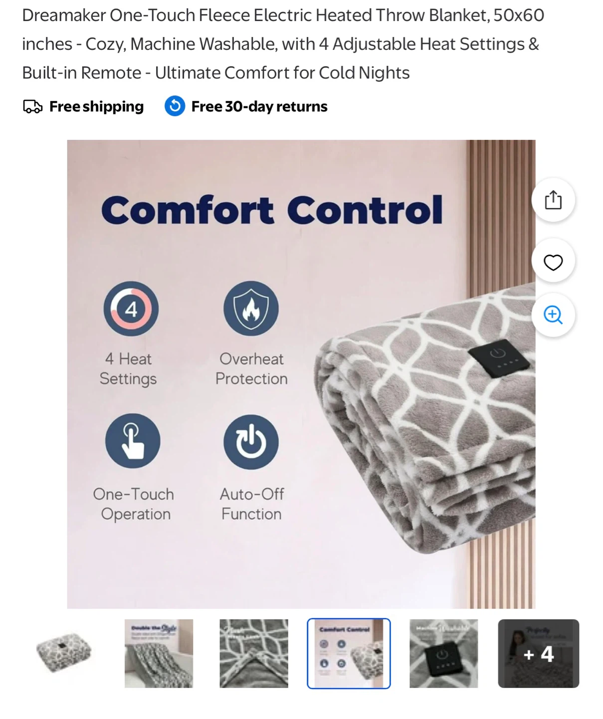 One-Touch Fleece Electric Heated Throw Blanket Grey