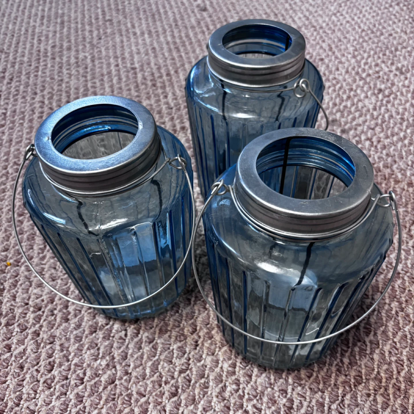 Set of 3 Blue Glass Lanterns
