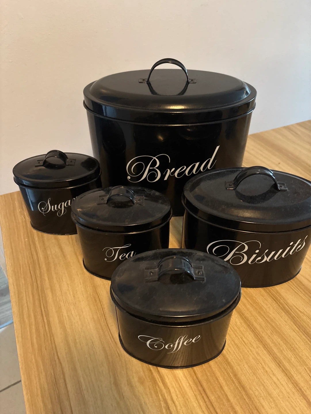 Black Kitchen Canister Set (Bread, Biscuits, Sugar, Tea, Coffee)