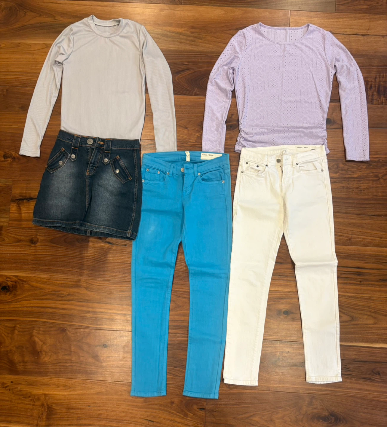Clothing Bundle: 2 Tops, Denim Skirt, 2 Pants