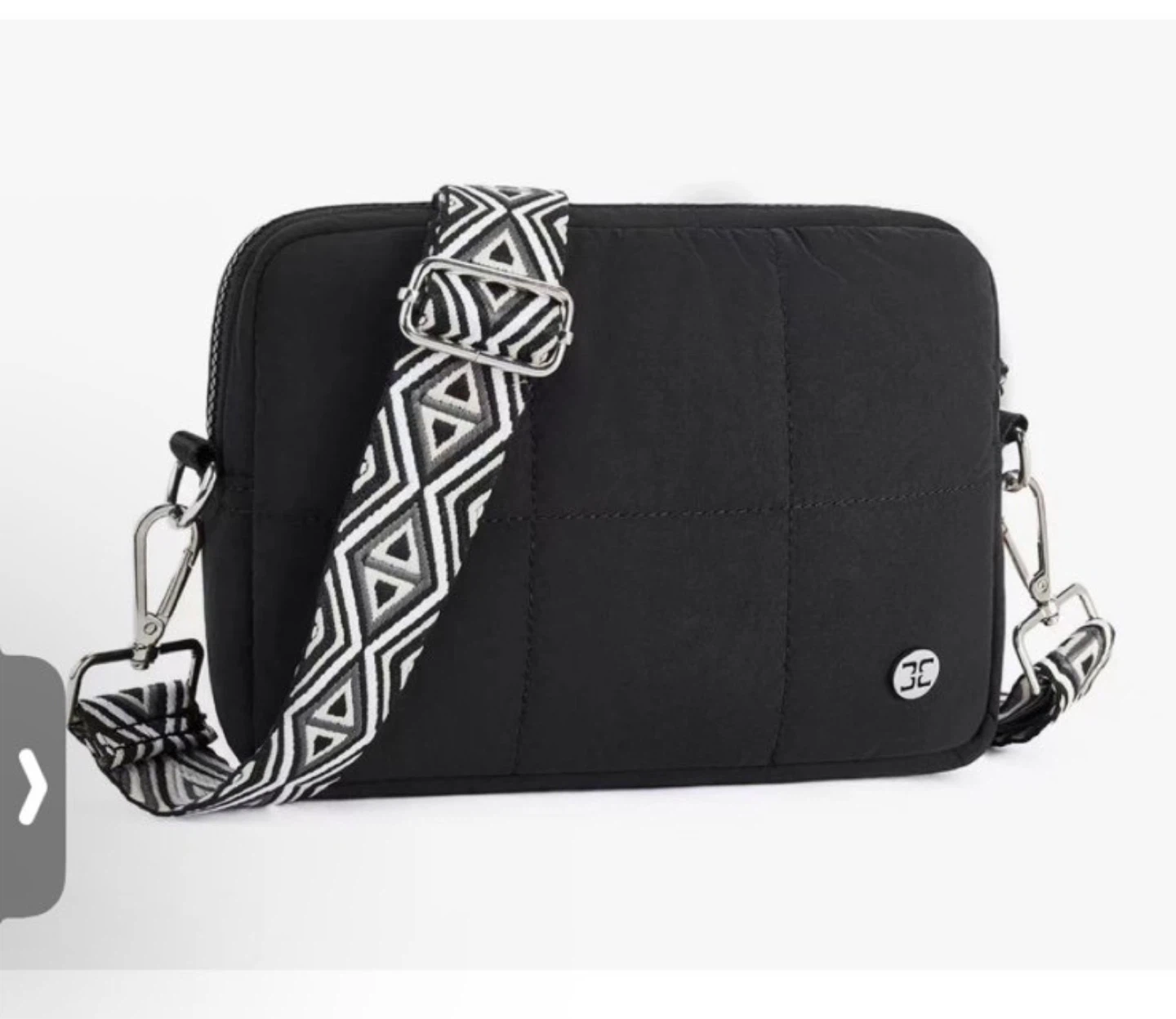 Black Quilted Crossbody Bag with Geometric Strap