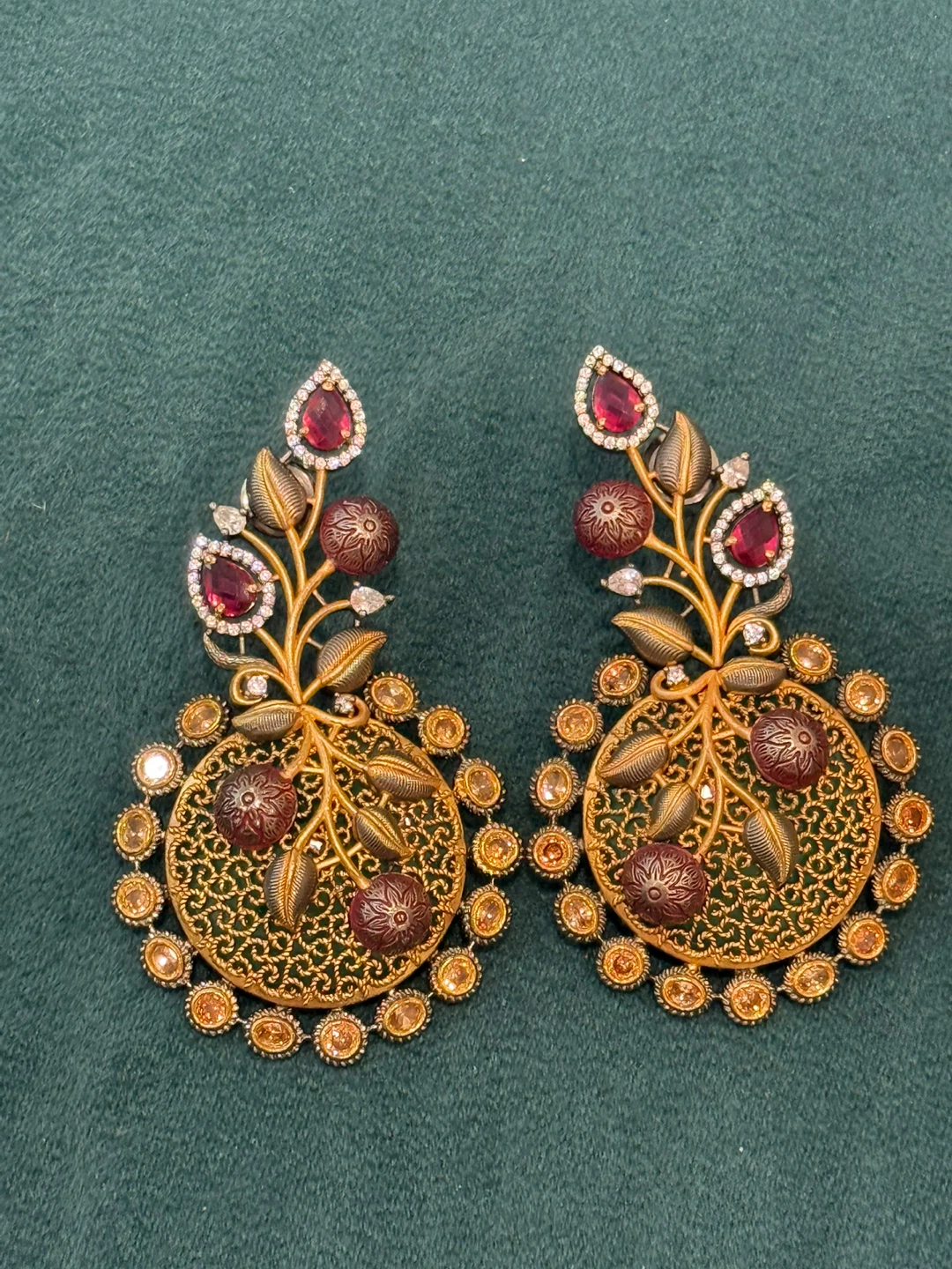 Ornate Gold-Tone Earrings with Red and Amber Stones - photo 2