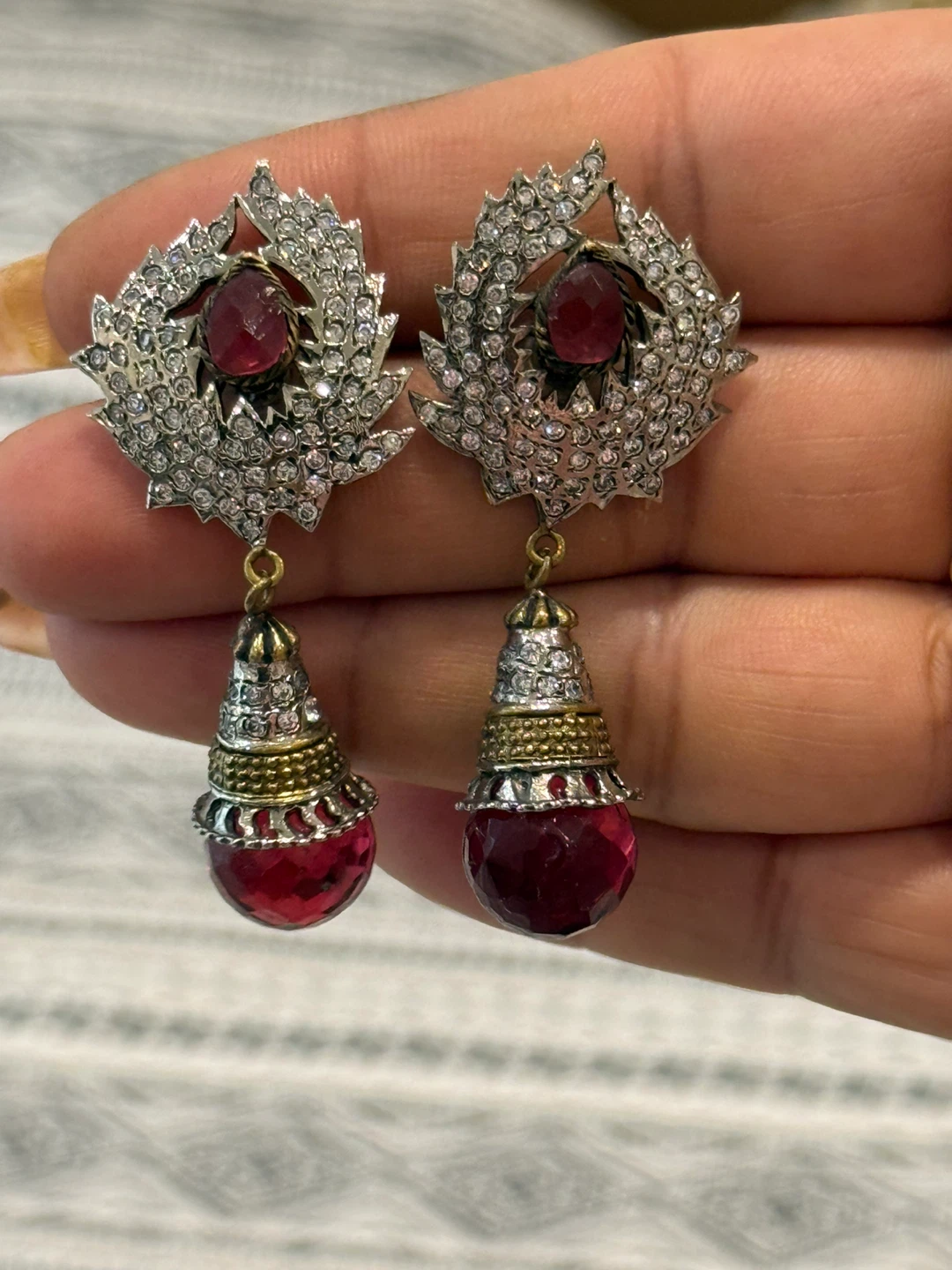 Rhinestone and Red Gem Dangle Earrings