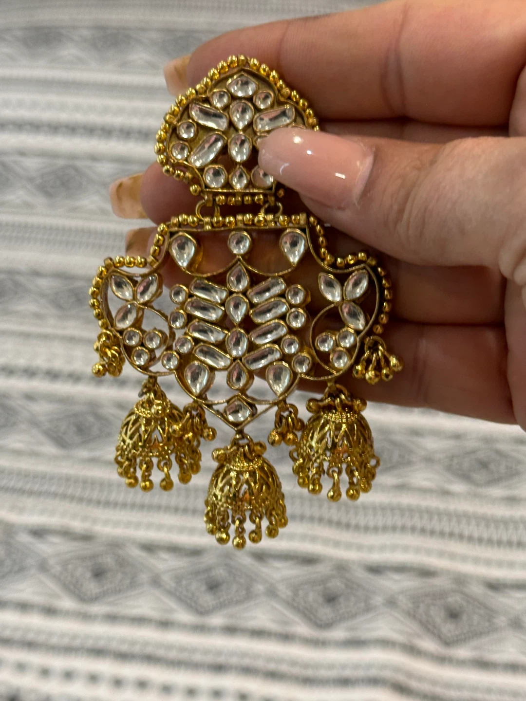 Gold Tone Jhumka Earrings with White Stones