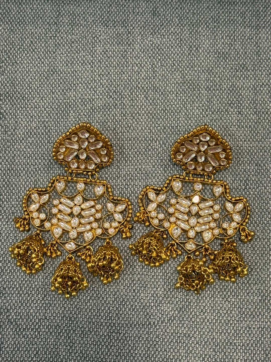 Gold Tone Jhumka Earrings with White Stones - photo 2