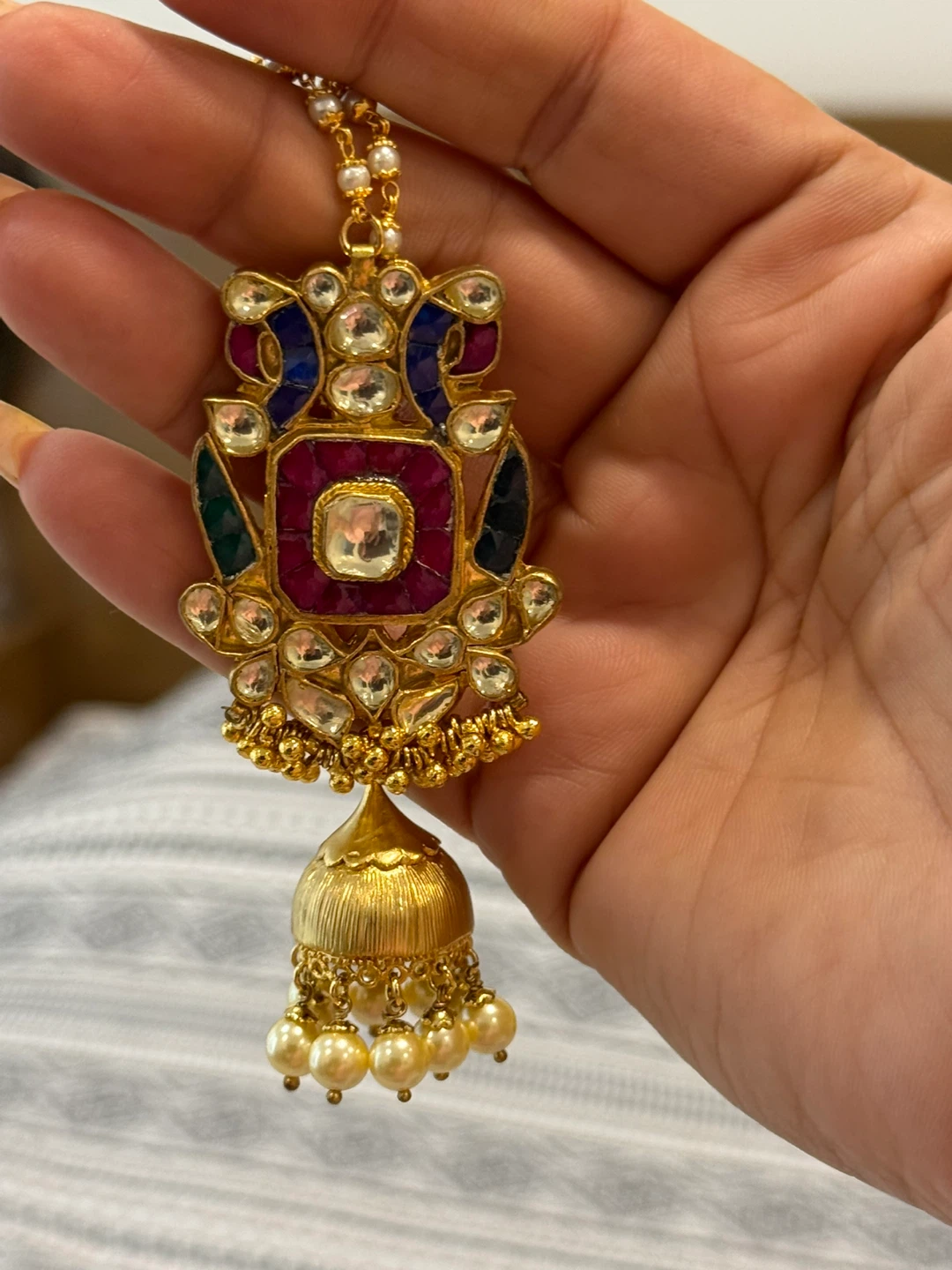 Gold Jhumka Earrings with Pearls and Red Stones - photo 2