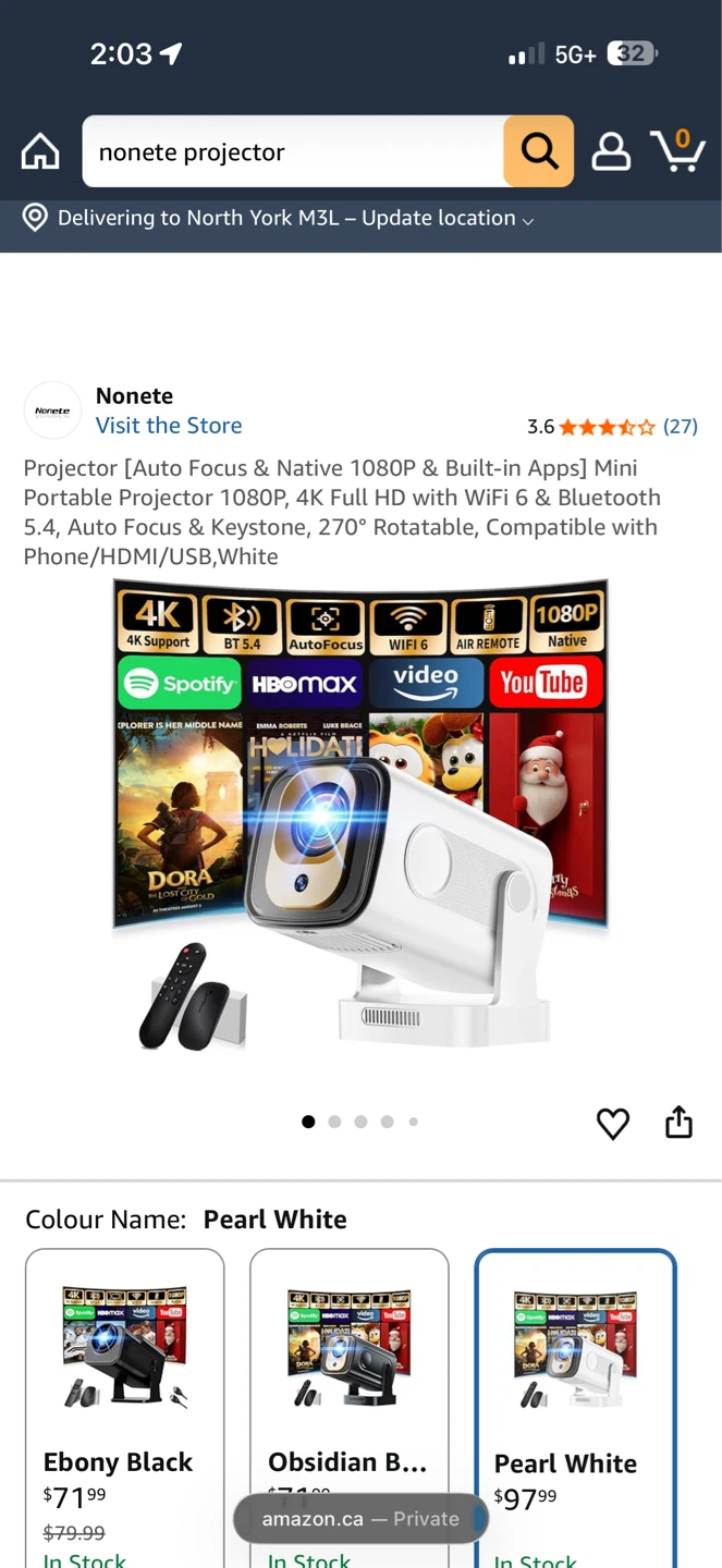 Nonete Portable Mini Projector 1080P, White