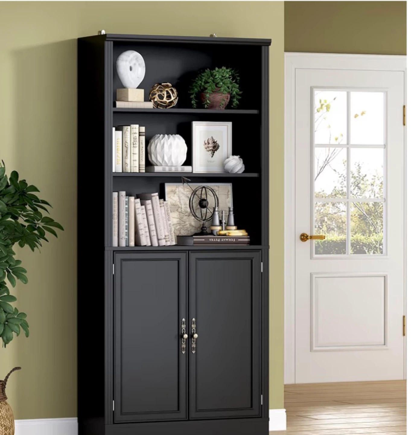 Black Bookcase with Cabinet - 70.1" tall