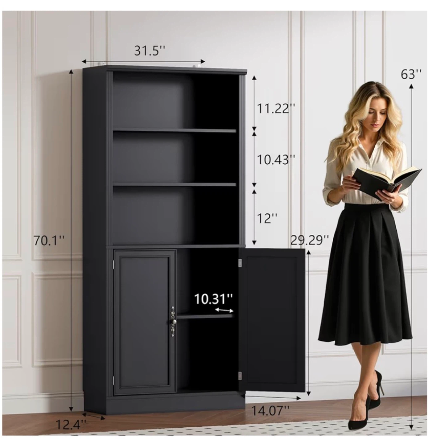 Black Bookcase with Cabinet - 70.1" tall - photo 2