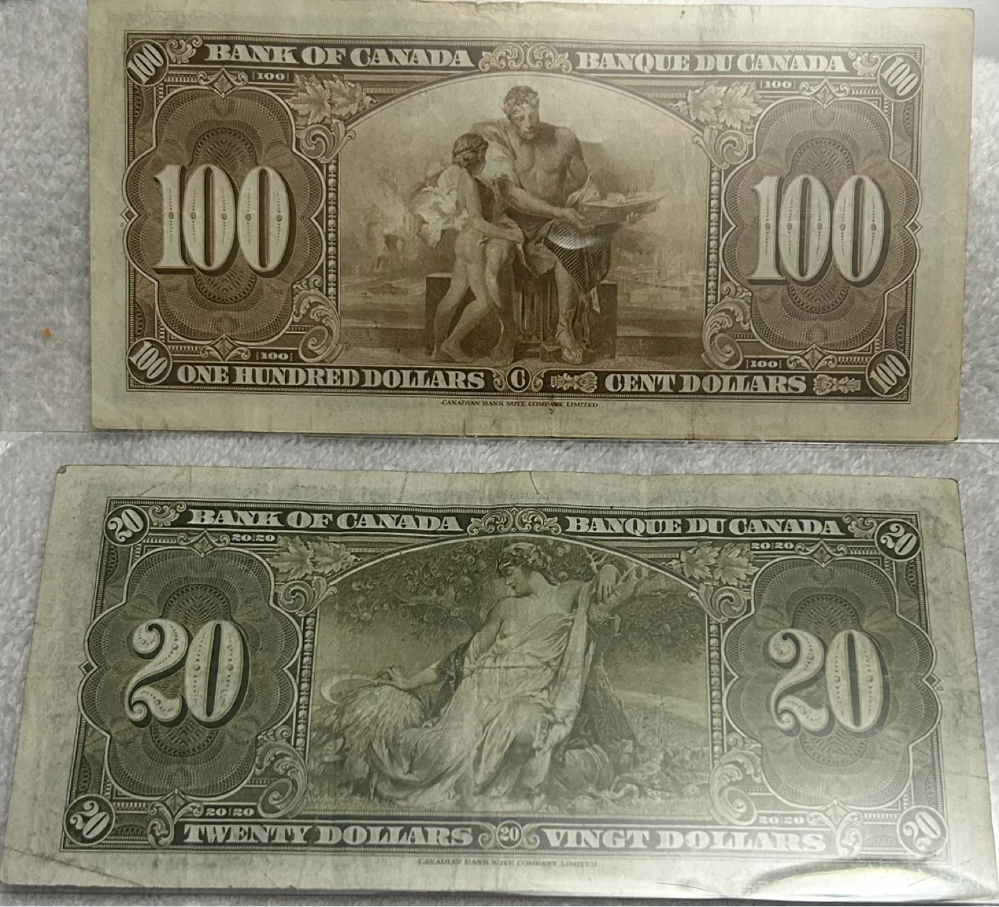 Set of Two Antique 1937 Bank of Canada Banknotes; $100 & $20 - photo 2