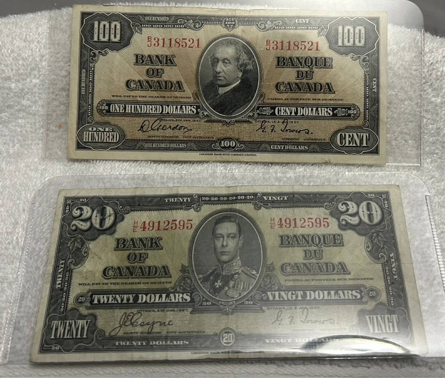 Set of Two Antique 1937 Bank of Canada Banknotes; $100 & $20