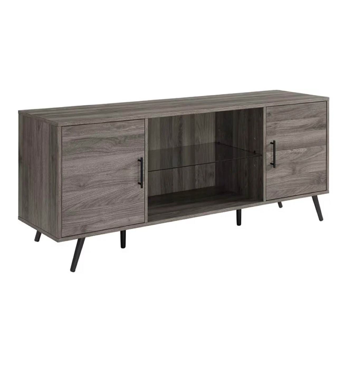 Gray Wood TV Stand Media Console with Glass Shelves