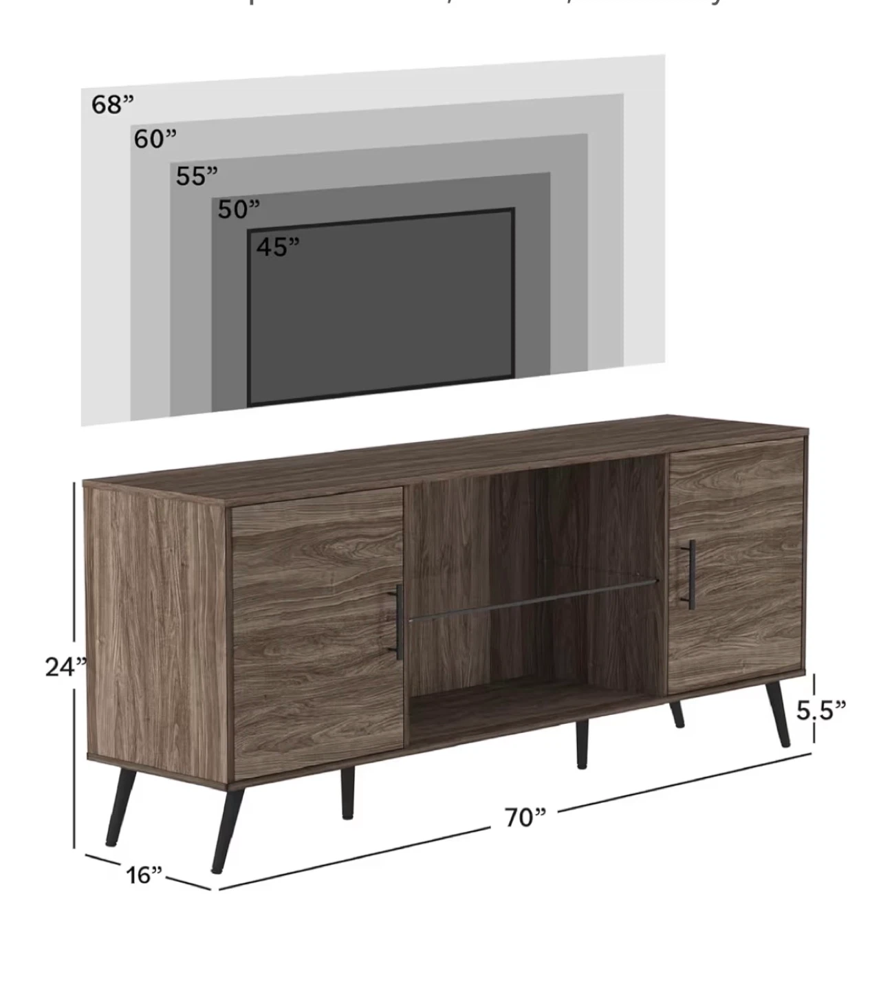 Gray Wood TV Stand Media Console with Glass Shelves - photo 5